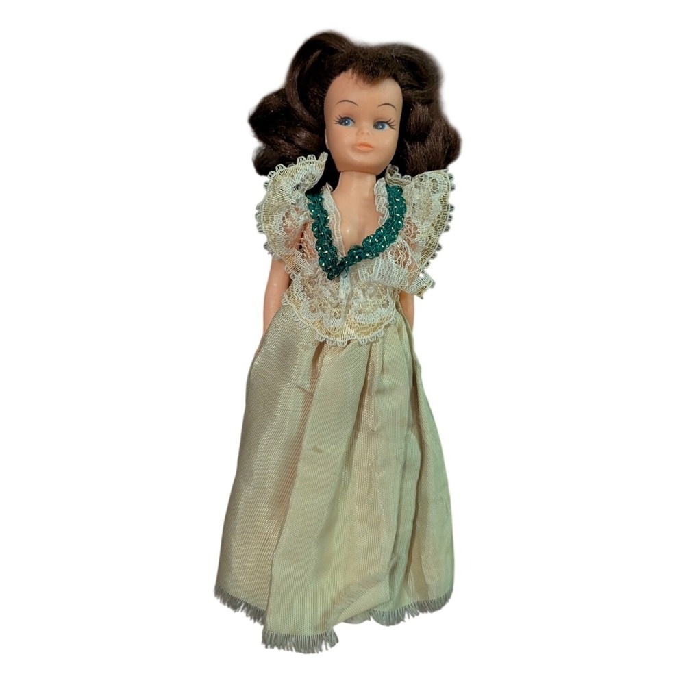Vintage Hong Kong Fashion Doll Brunette Lace Gown Champagne Green Sequin Trim